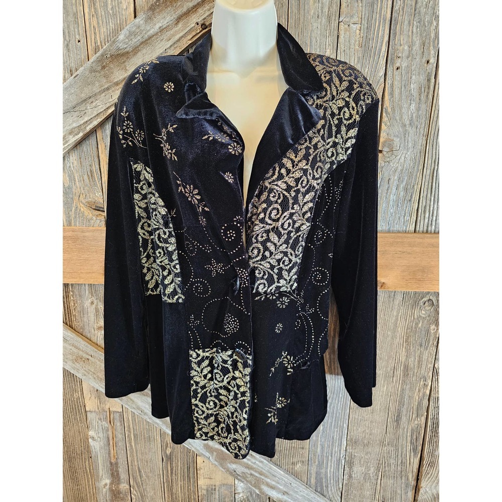 Notations woman 1X 2 button front cardigan black gold velour